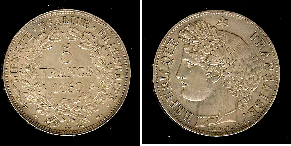 5 francs Ceres 1850 Paris AU+